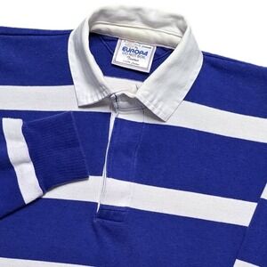 Vintage 90s Europa Rugby Polo Shirt Mens Large Blue White Striped Long Sleeve